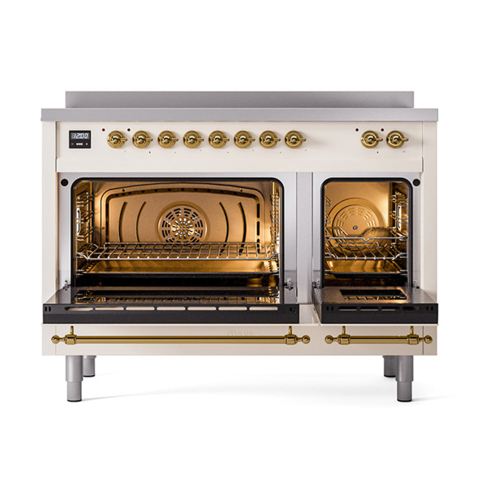 Antique white induction range with oven doors open, showing interior racks and burners