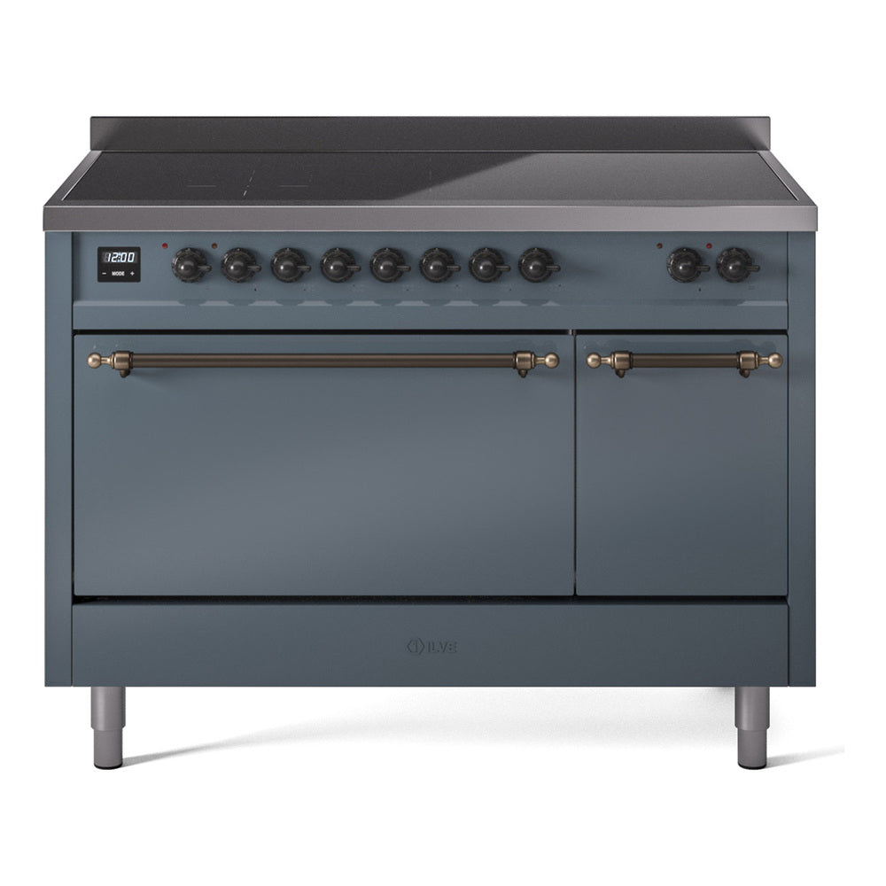 Blue-grey induction range cooktop with bronze bar handles and two oven doors