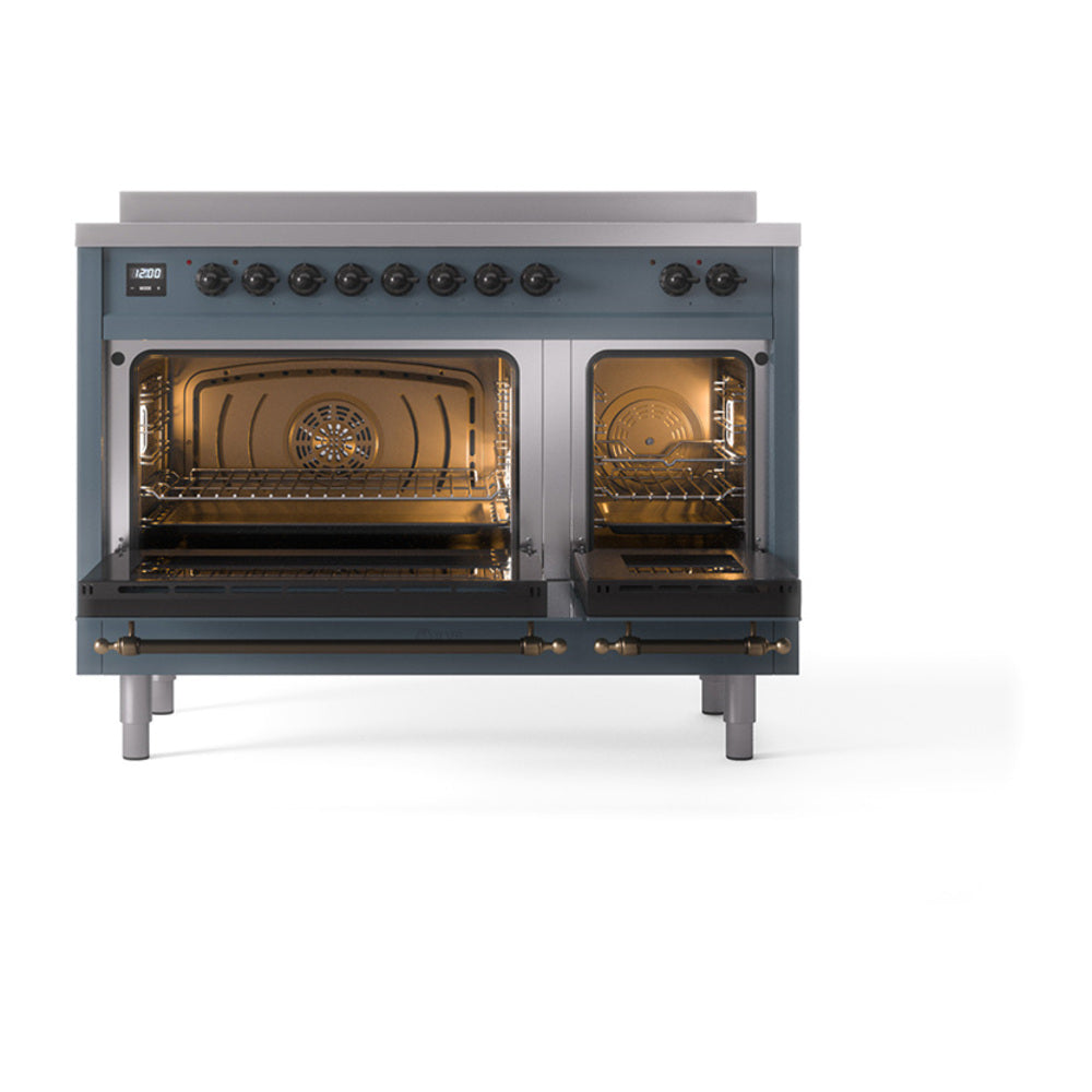 Blue-grey induction range with two open oven doors and bronze trim