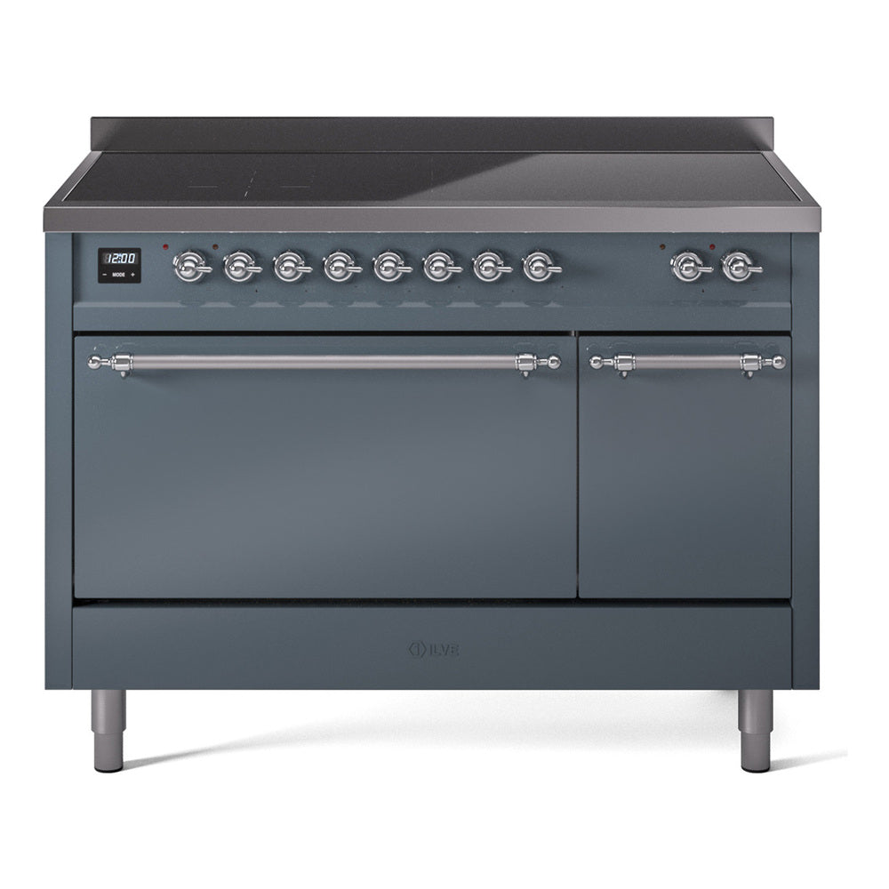 Blue grey range with black cooktop, control knobs, and double oven doors