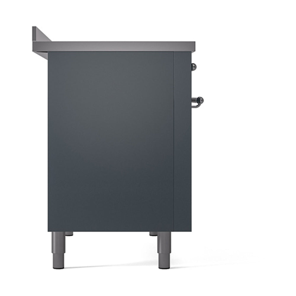 Blue grey oven cabinet with chrome-trim top and side handles, on feet