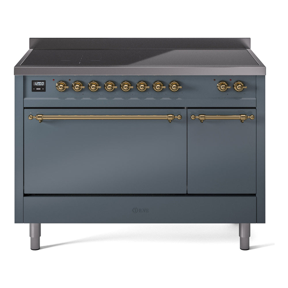 ILVE Nostalgie II induction range front in blue grey with brass knobs and double ovens