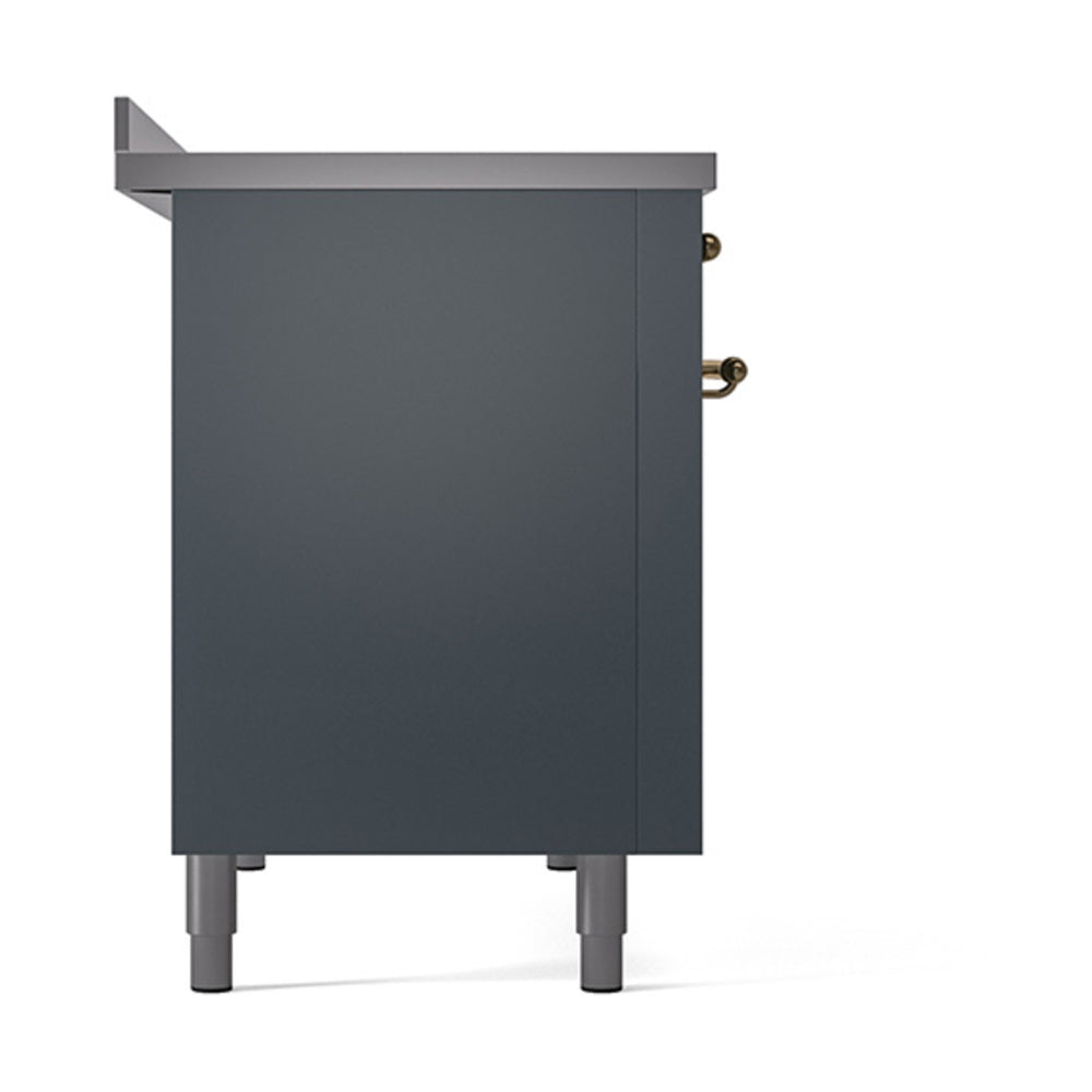 Blue grey induction range cabinet side with brass knob cluster and dark control top