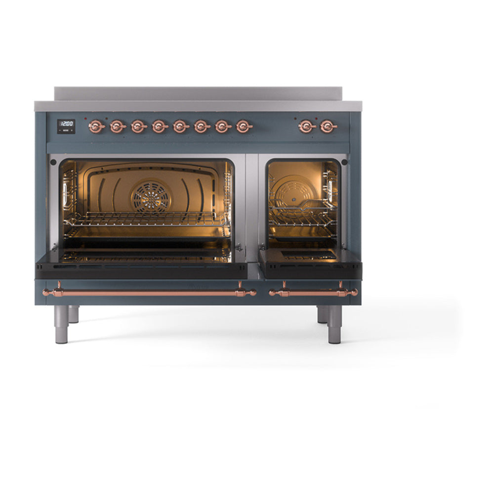Induction range with two open ovens, blue-grey body and copper-trim controls