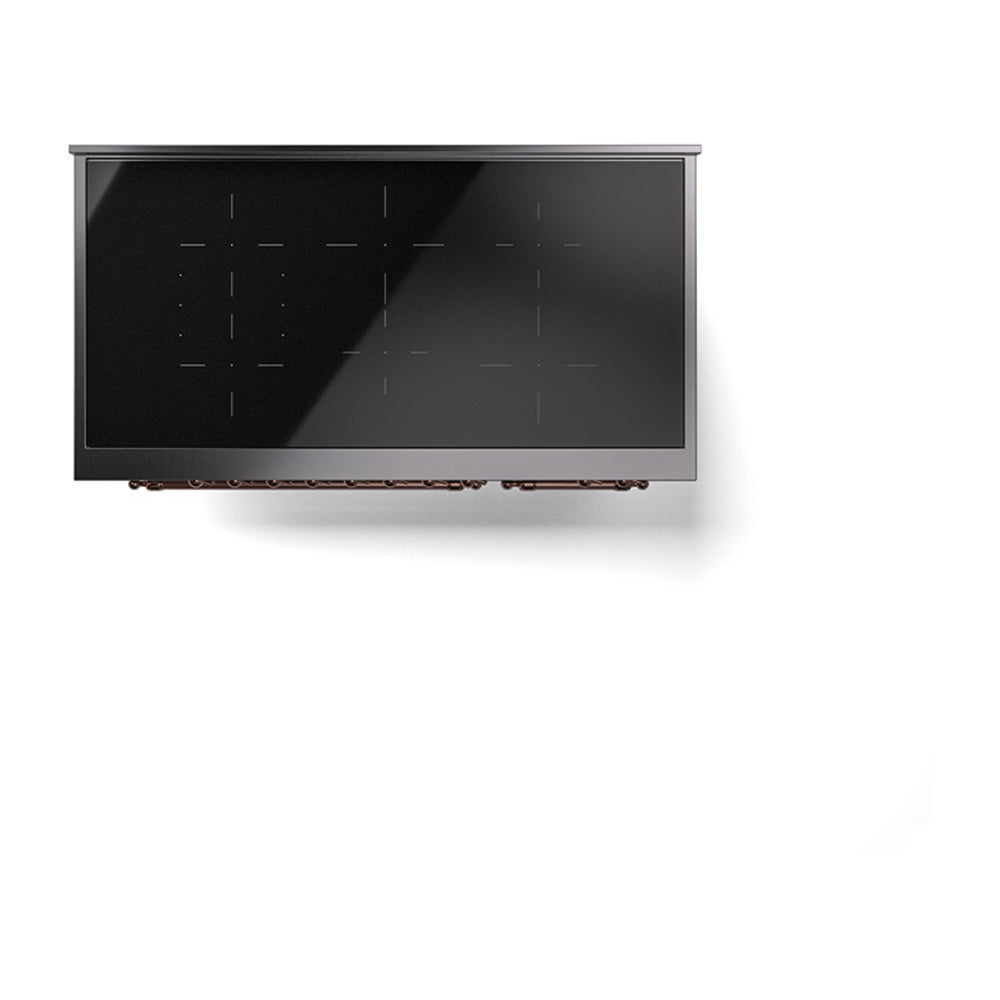 Induction range with solid cooktop cover, blue-grey finish with copper trim details