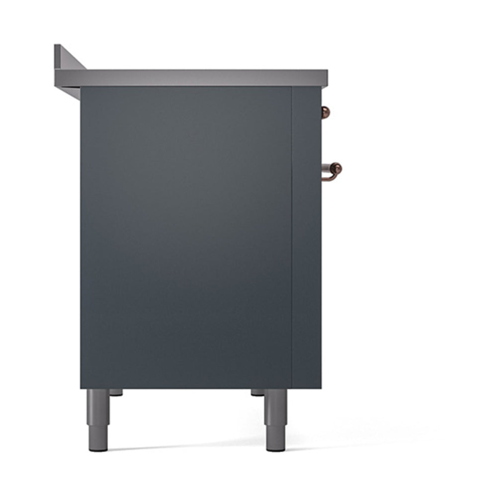 Built-in range cabinet side panel, blue-grey finish with copper knobs and legs