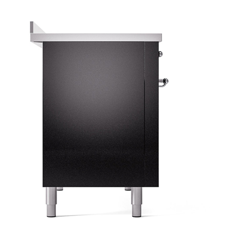 Glossy black solid-door oven base with chrome legs and side access knobs