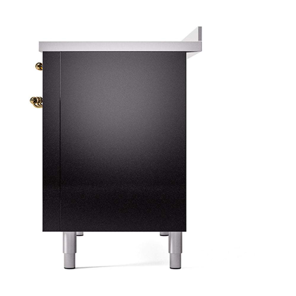 Glossy black solid oven door with brass side handles and four leveling feet