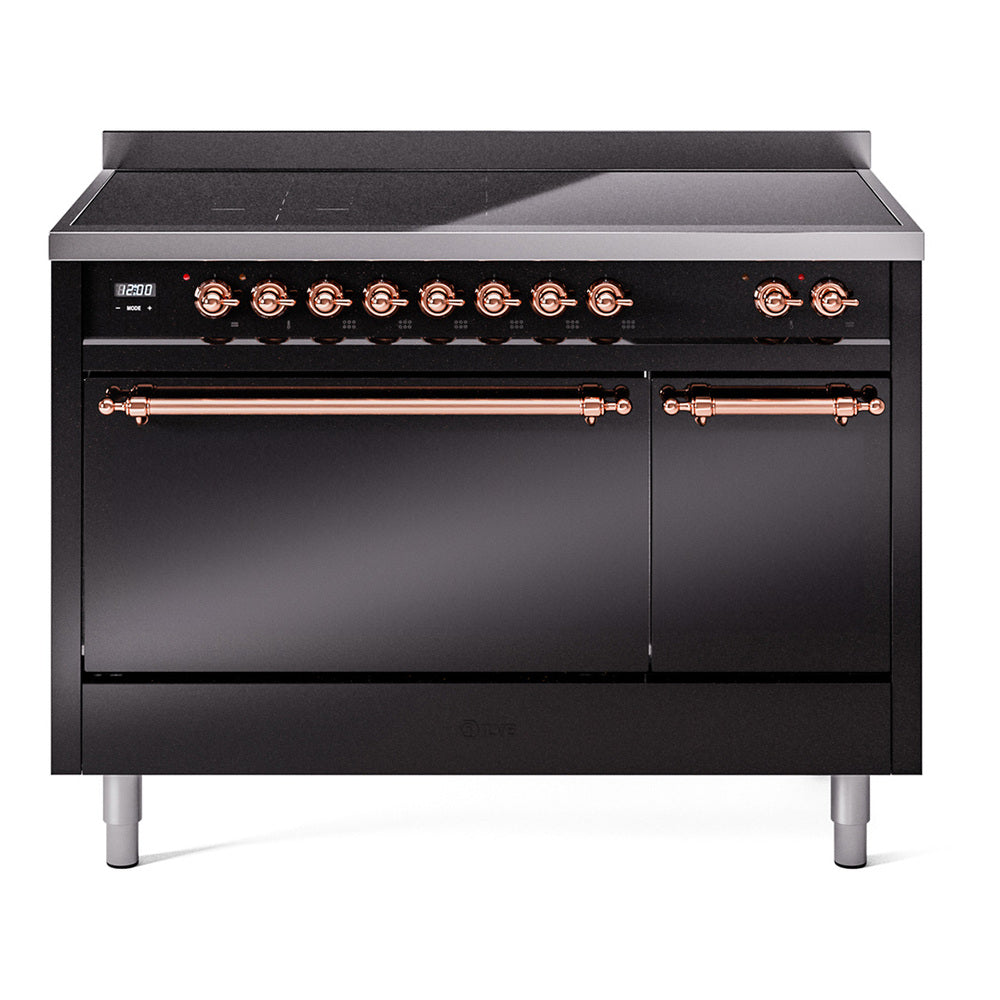 Black induction range with control knobs, copper trim, and two glossy oven doors