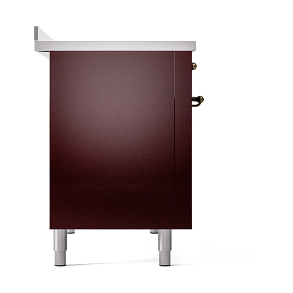 Burgundy solid oven door base with bronze knobs on the side and silver feet