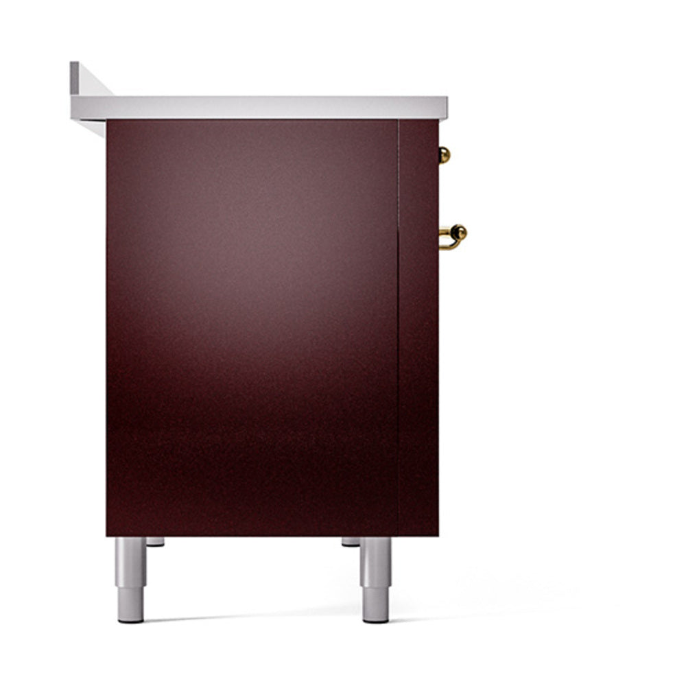 Burgundy solid door oven cabinet with white legs and brass handle knobs
