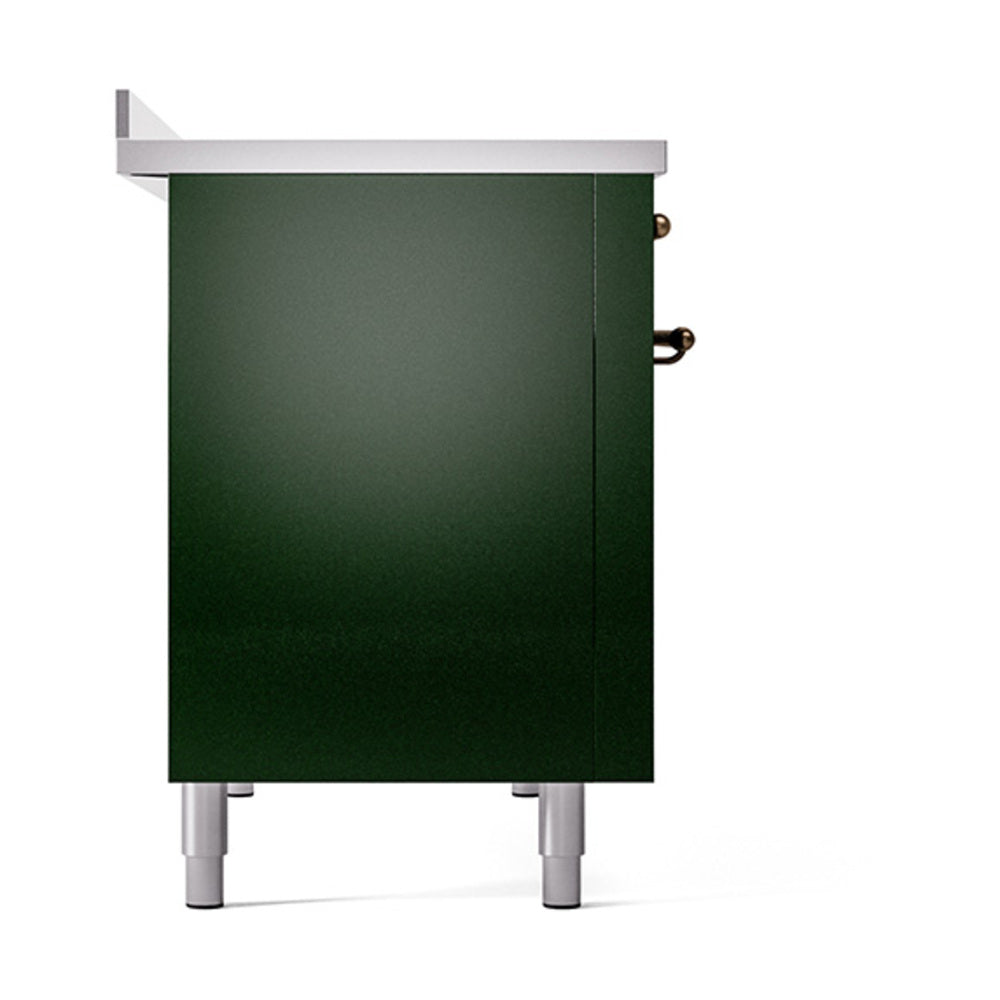 Emerald green induction range oven door with bronze trim and side knobs