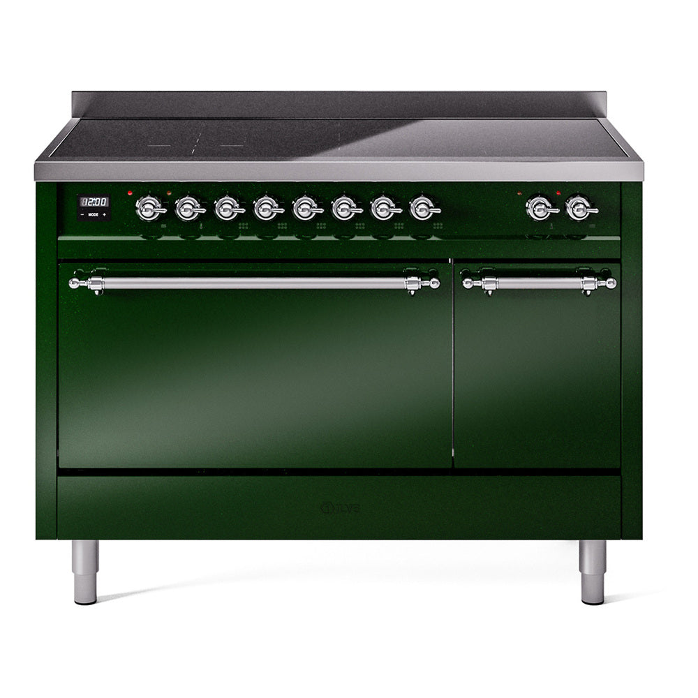 Emerald green range with control panel knobs and solid oven door