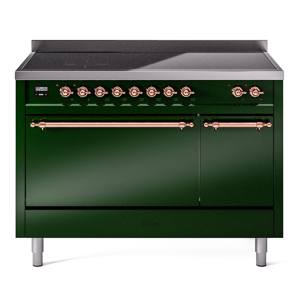 Emerald green induction range with closed solid oven door, copper-trim handles, and controls