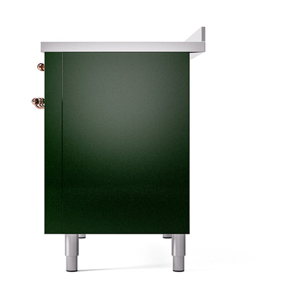 Emerald green solid oven cabinet with copper-colored knobs and white side legs