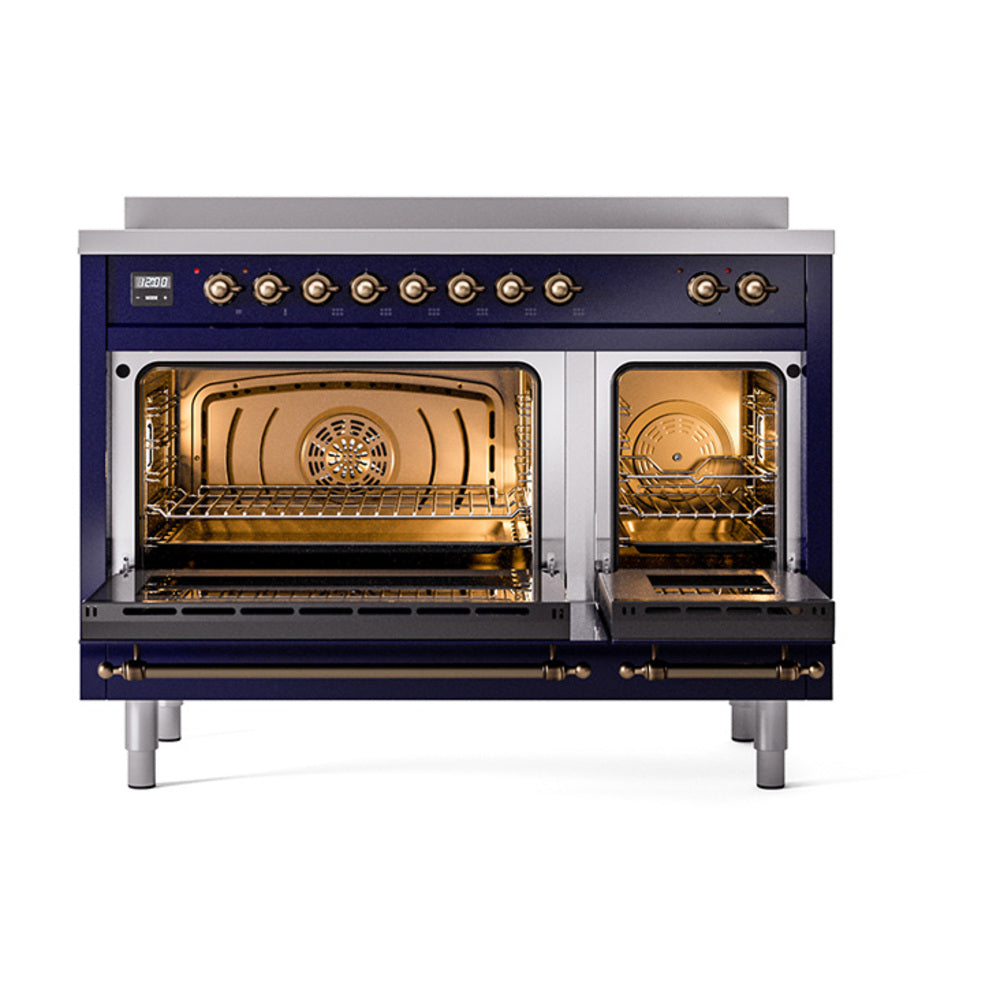Induction range double oven with doors open, showing interior racks