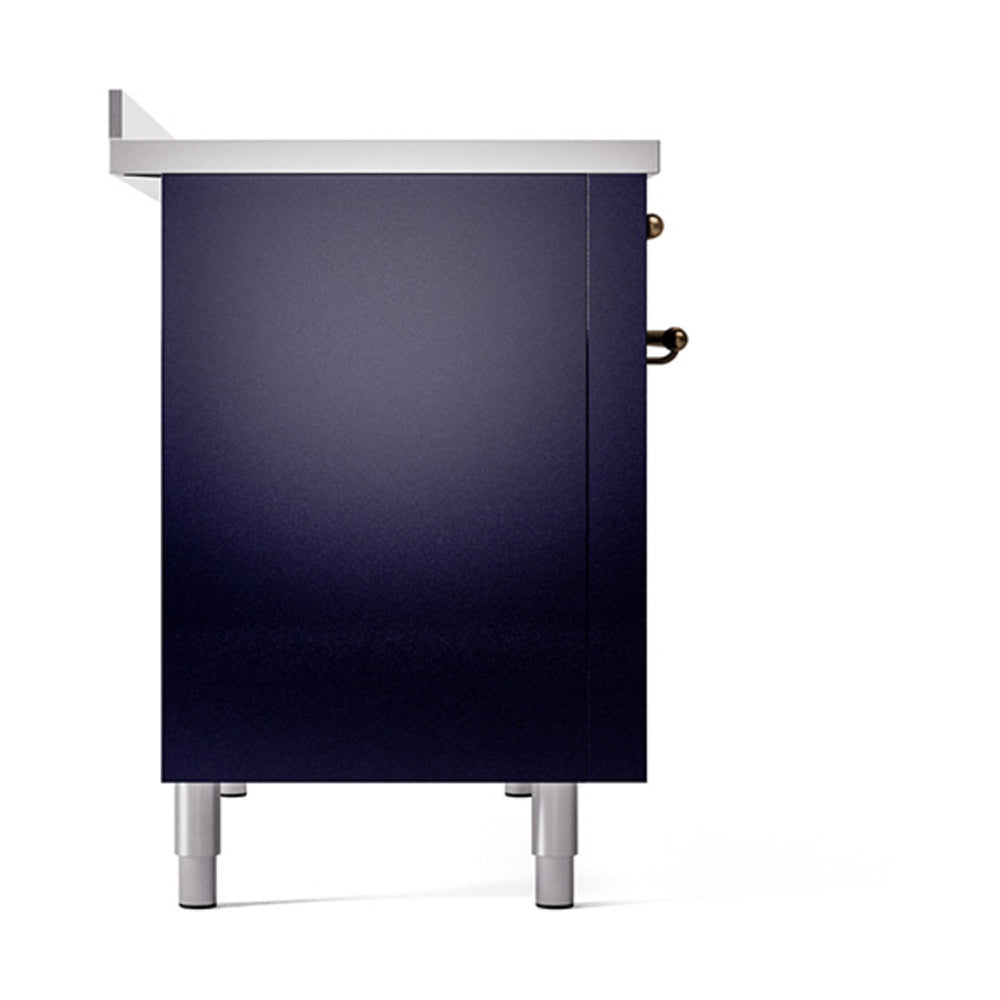 Midnight blue oven door panel with bronze handle and four leveling legs
