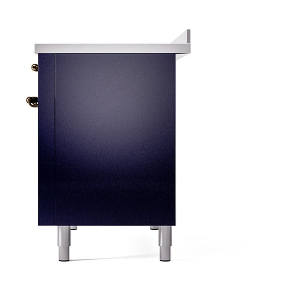 Midnight blue oven door panel with bronze side knobs and four leveling legs