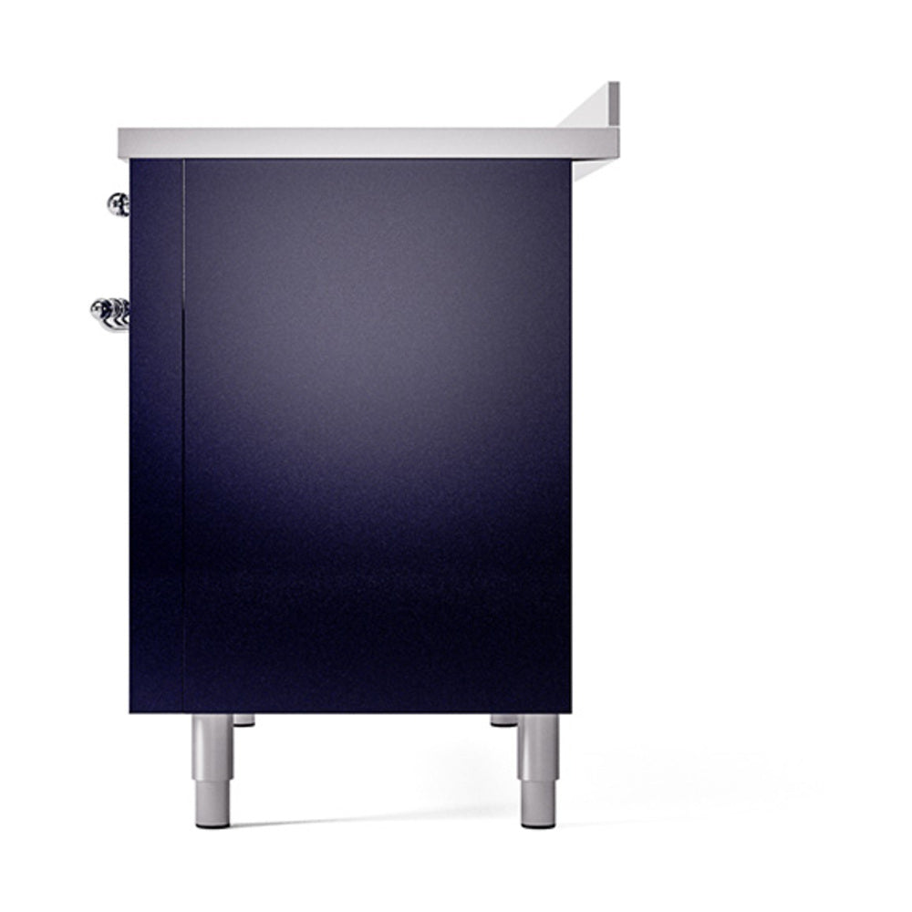 Midnight blue solid-door oven with chrome legs and side control knobs