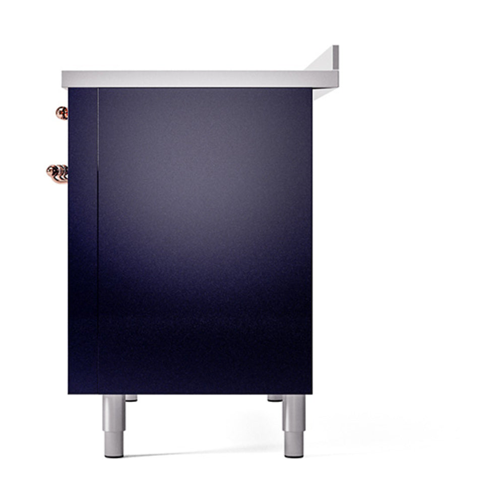Midnight blue range with brass side knobs and solid oven door