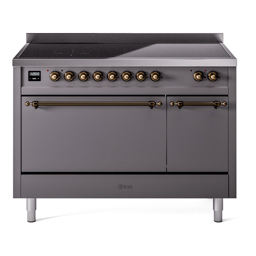 Matte graphite induction range with bronze knob controls and double solid oven doors