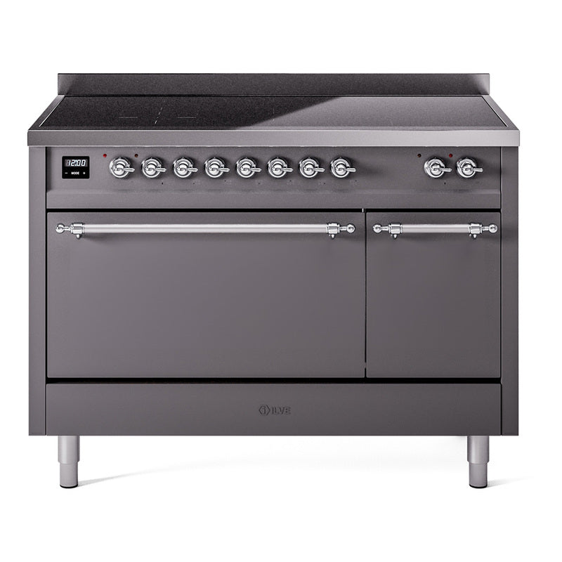 Matte graphite induction range with front controls and solid oven doors