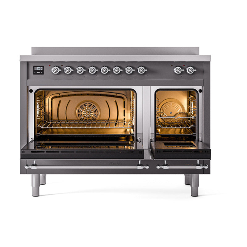 Matte graphite induction range with dual oven doors open and interior lights