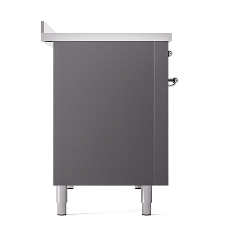Matte graphite induction range body with chrome trim and side knobs