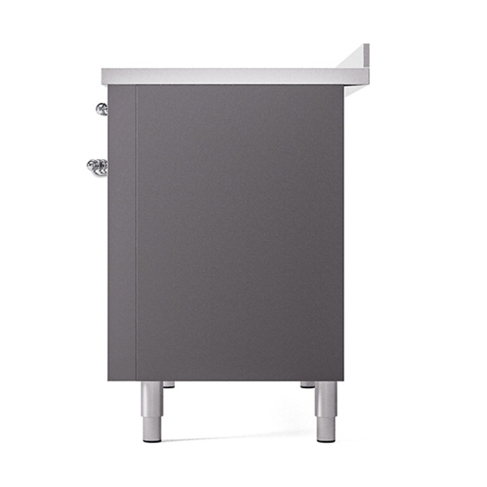 Matte graphite induction range side panel with chrome legs and trim
