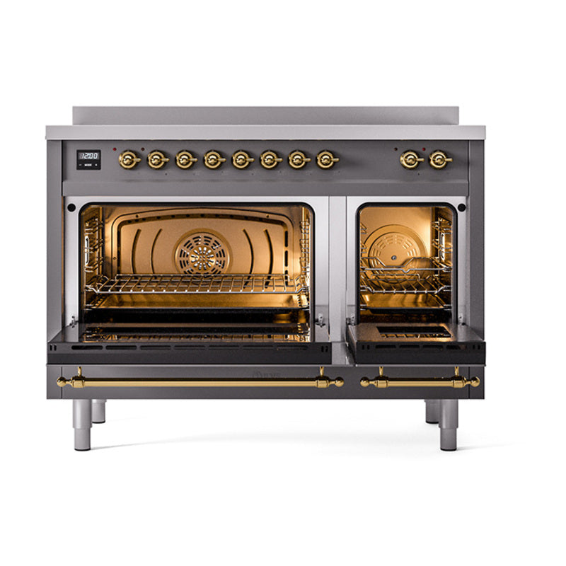 Open solid-door oven showing two illuminated compartments with racks and brass accents