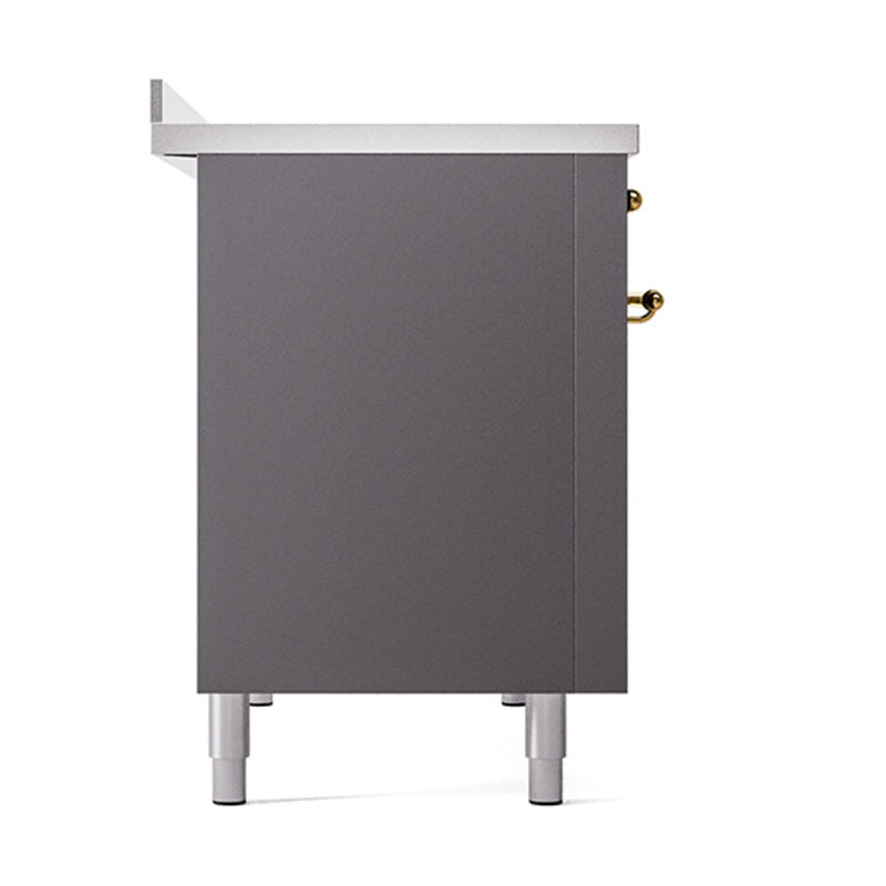 Matte graphite solid-door oven base with brass knob accents