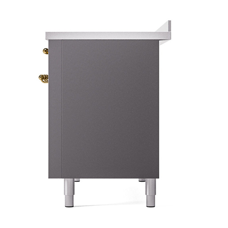 Matte graphite solid-door oven cabinet with brass handle and leveling feet