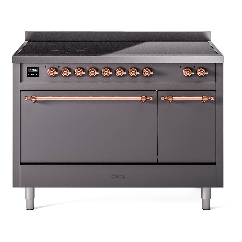 Matte graphite induction range with copper burner knobs and two oven doors