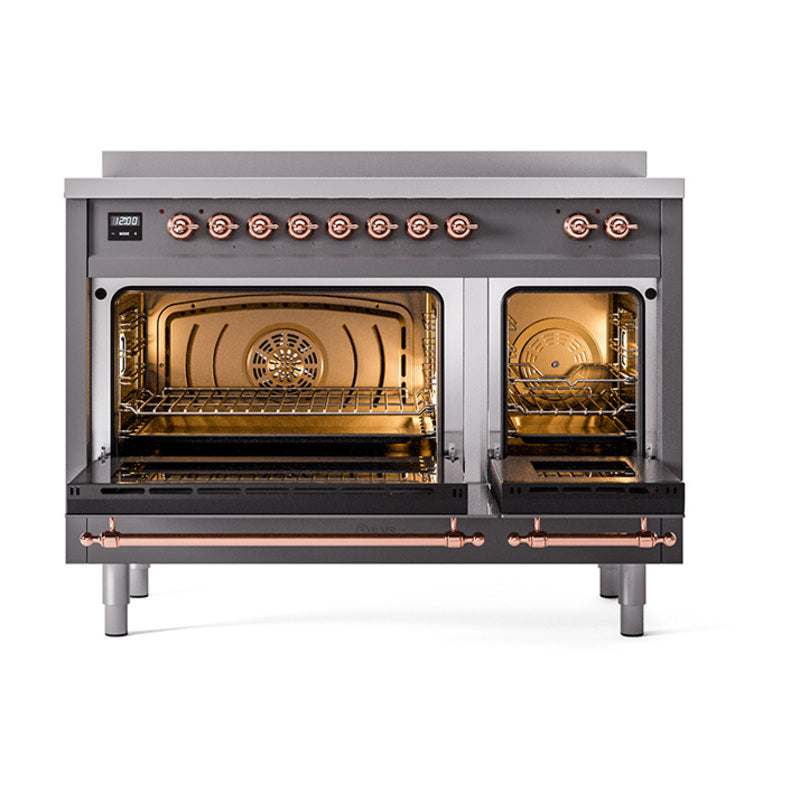 Matte graphite dual oven with copper-trim rails and illuminated interior racks