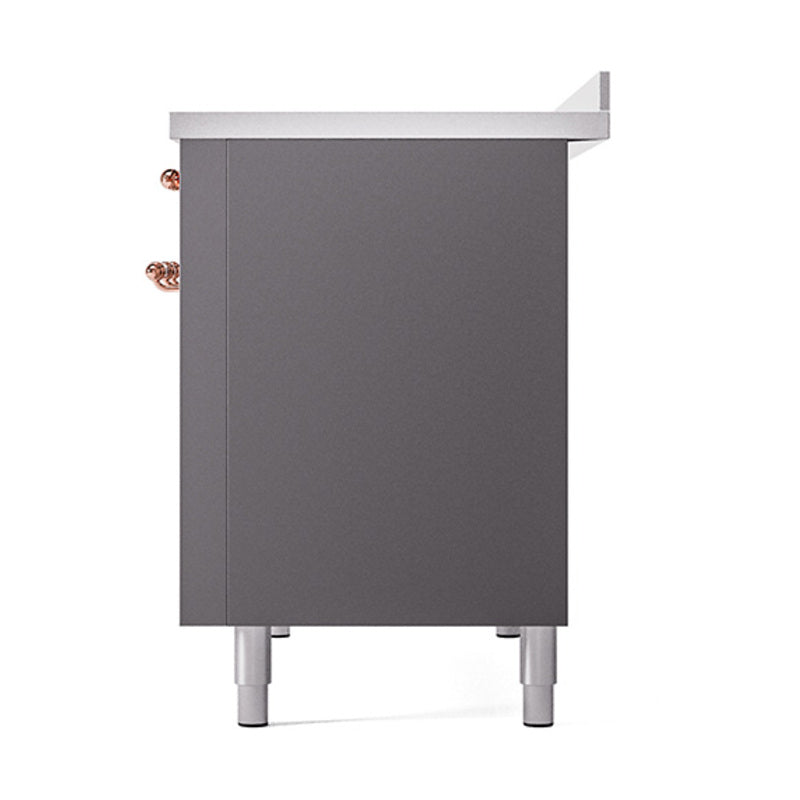 Matte graphite oven cabinet with copper handle detail and leveling legs