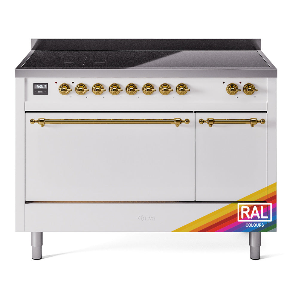 Induction range with solid-door oven, white body and brass trim, front view