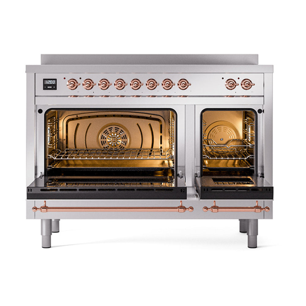 48-inch induction range, two open ovens with copper-trim knobs and rails