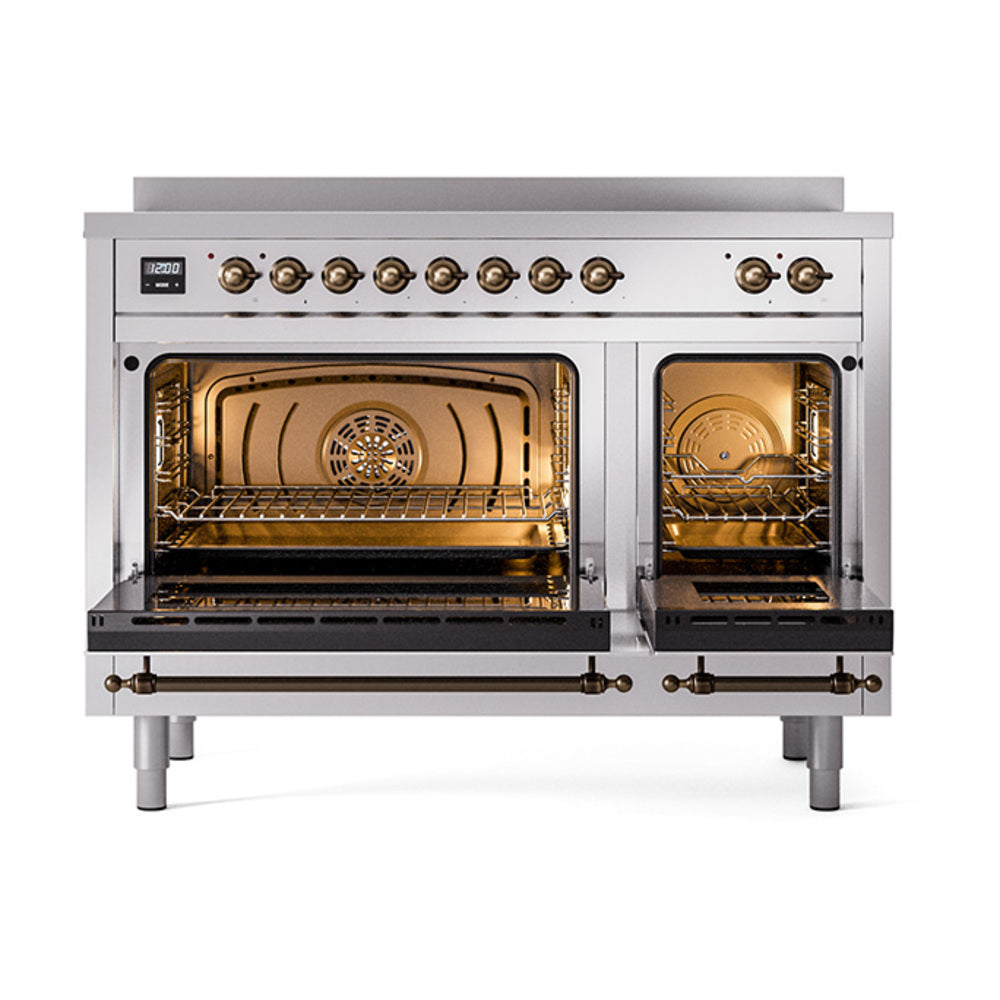 Stainless steel double oven with interior racks and bronze-trimmed controls