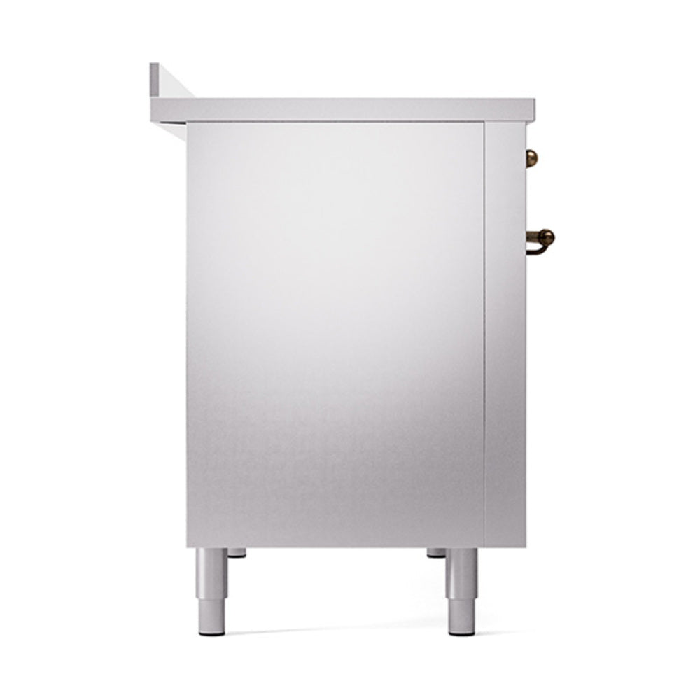 Stainless steel oven cabinet with bronze handle accents and short leveling feet