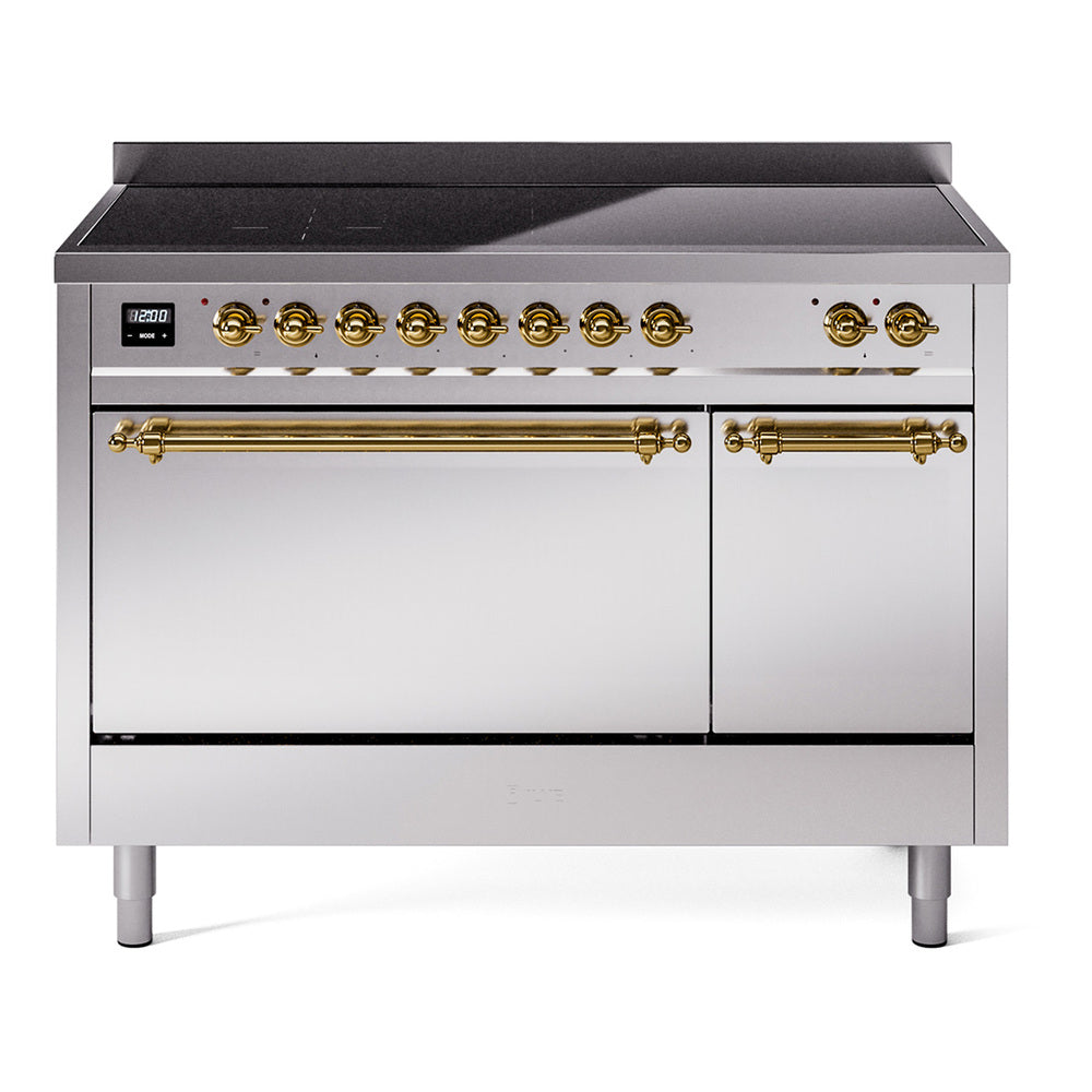 Stainless steel induction range with black cooktop and brass-trim control knobs