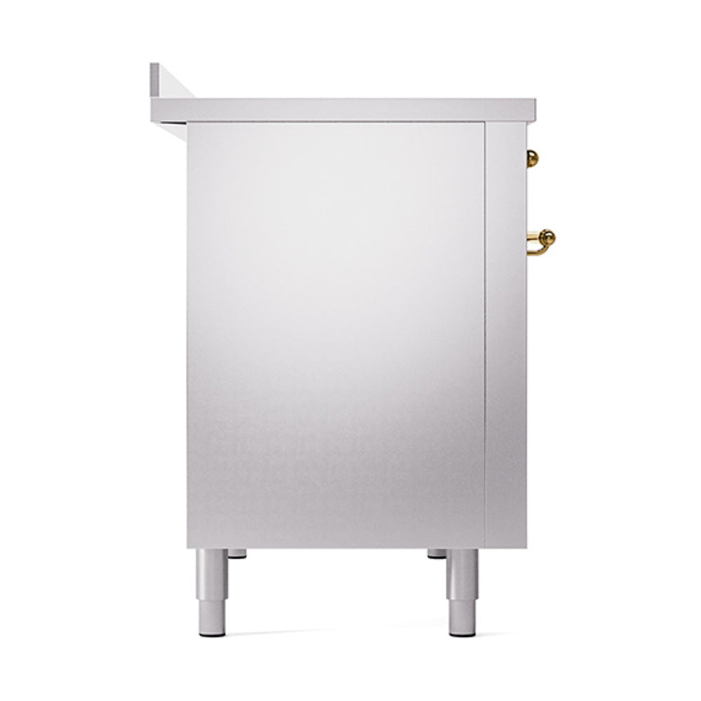 Solid door oven front, stainless steel cabinet with brass handle accents