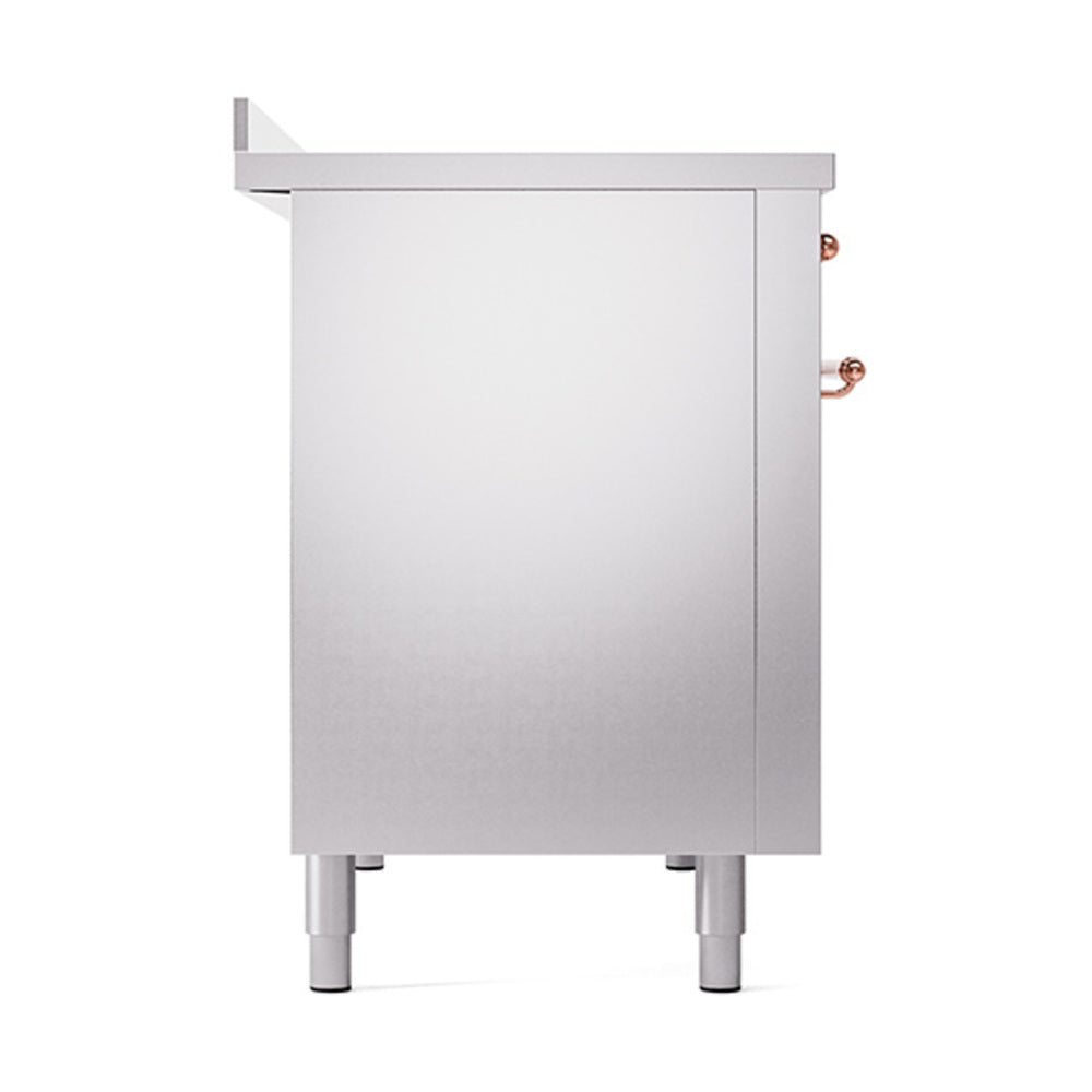 Stainless steel oven base with solid door and copper-trimmed handle accents