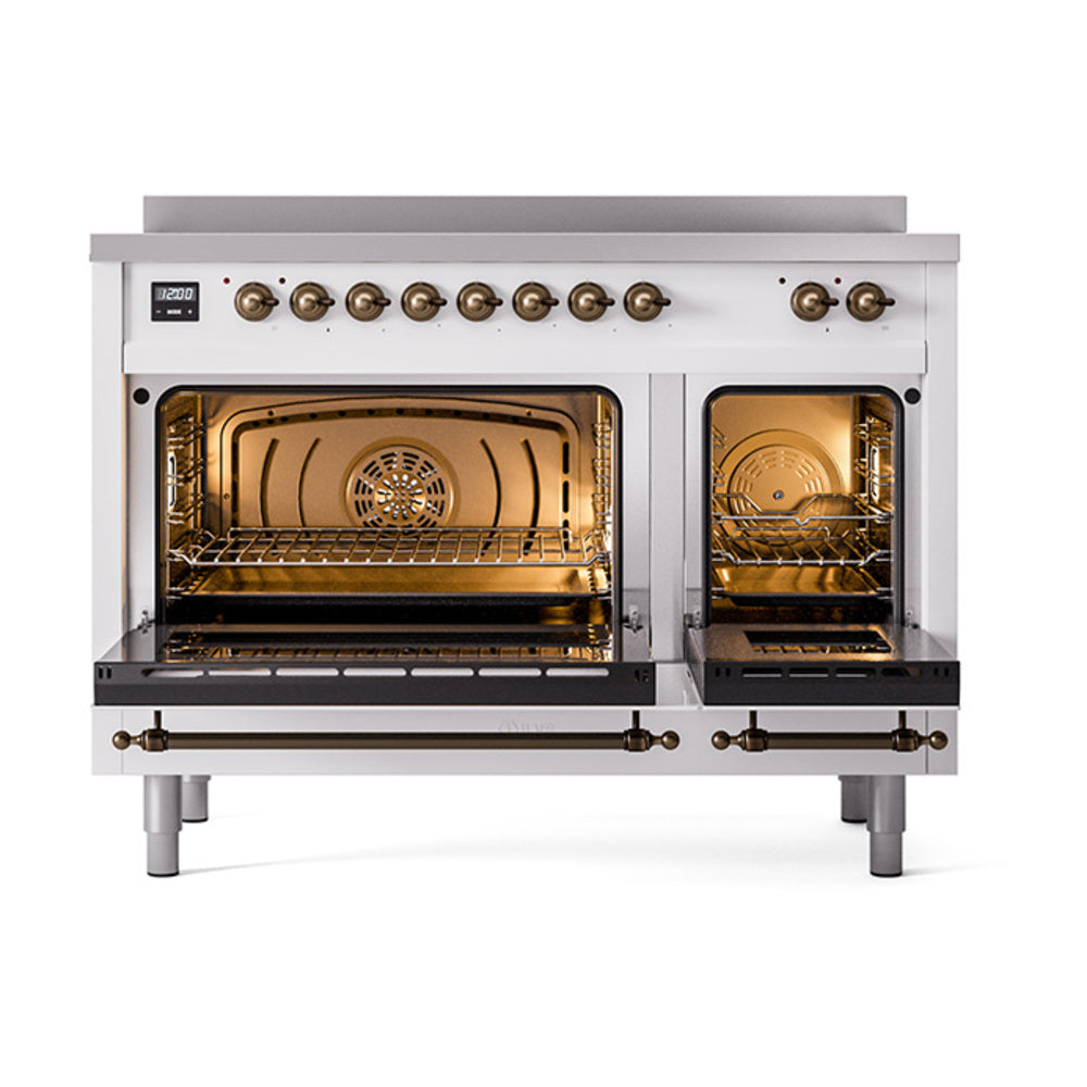 Stainless steel induction range with two open oven doors and bronze-trim control knobs