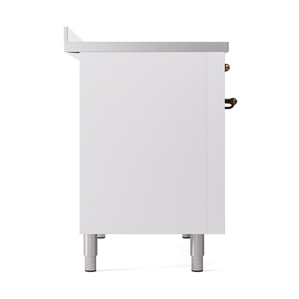 White solid oven door with stainless feet and bronze side hinges on a range