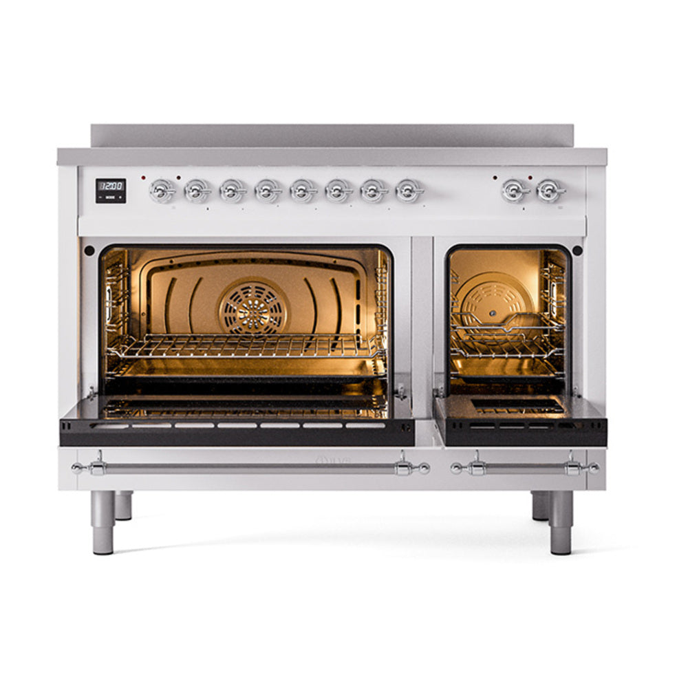 Stainless induction range with two open ovens and wire racks, white exterior