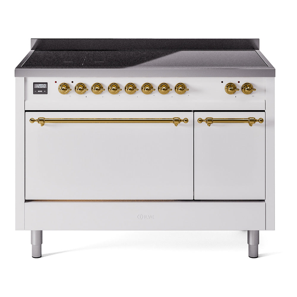 Stainless steel induction range with brass knobs, black cooktop, and double doors