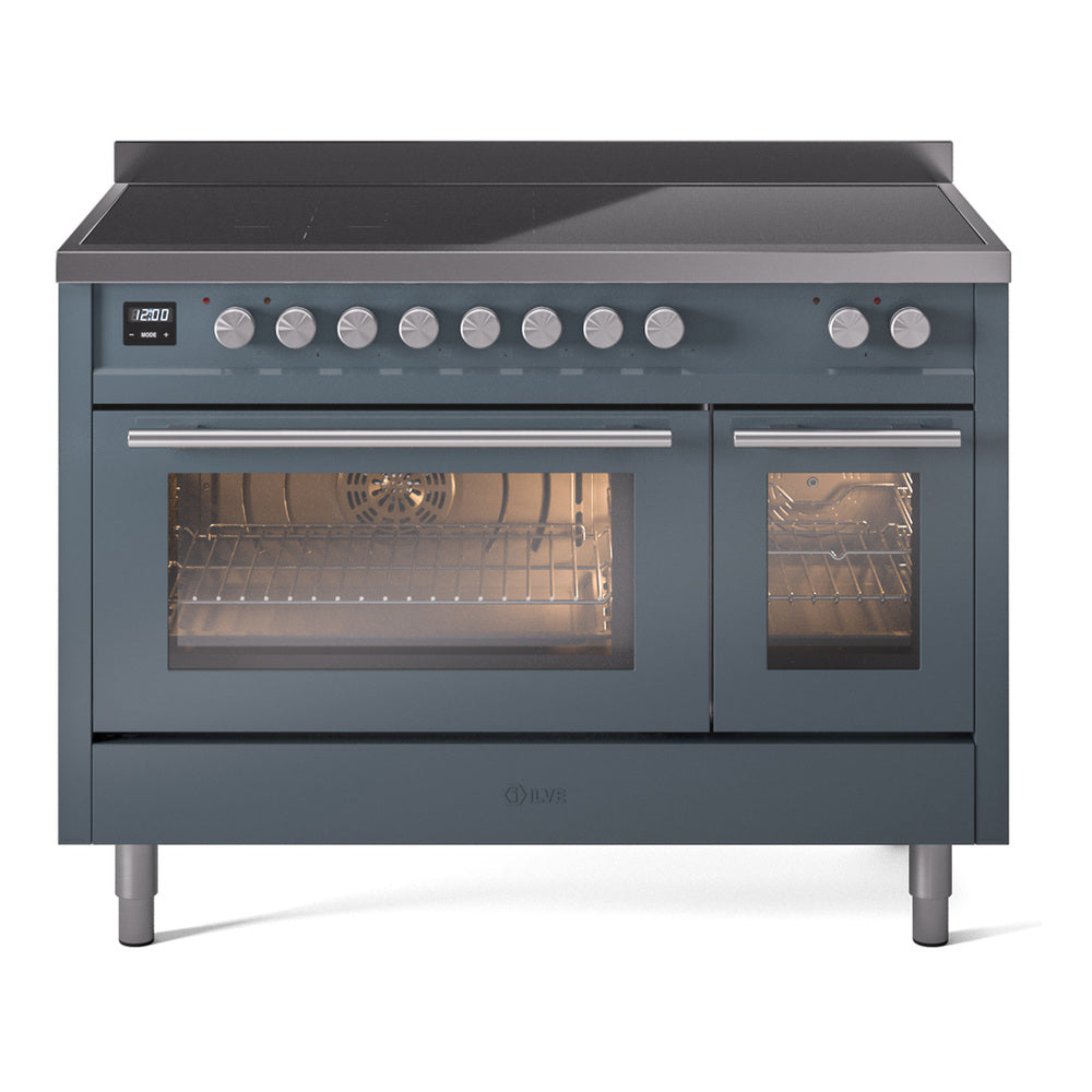 48-inch induction range in blue grey with control knobs and double oven doors