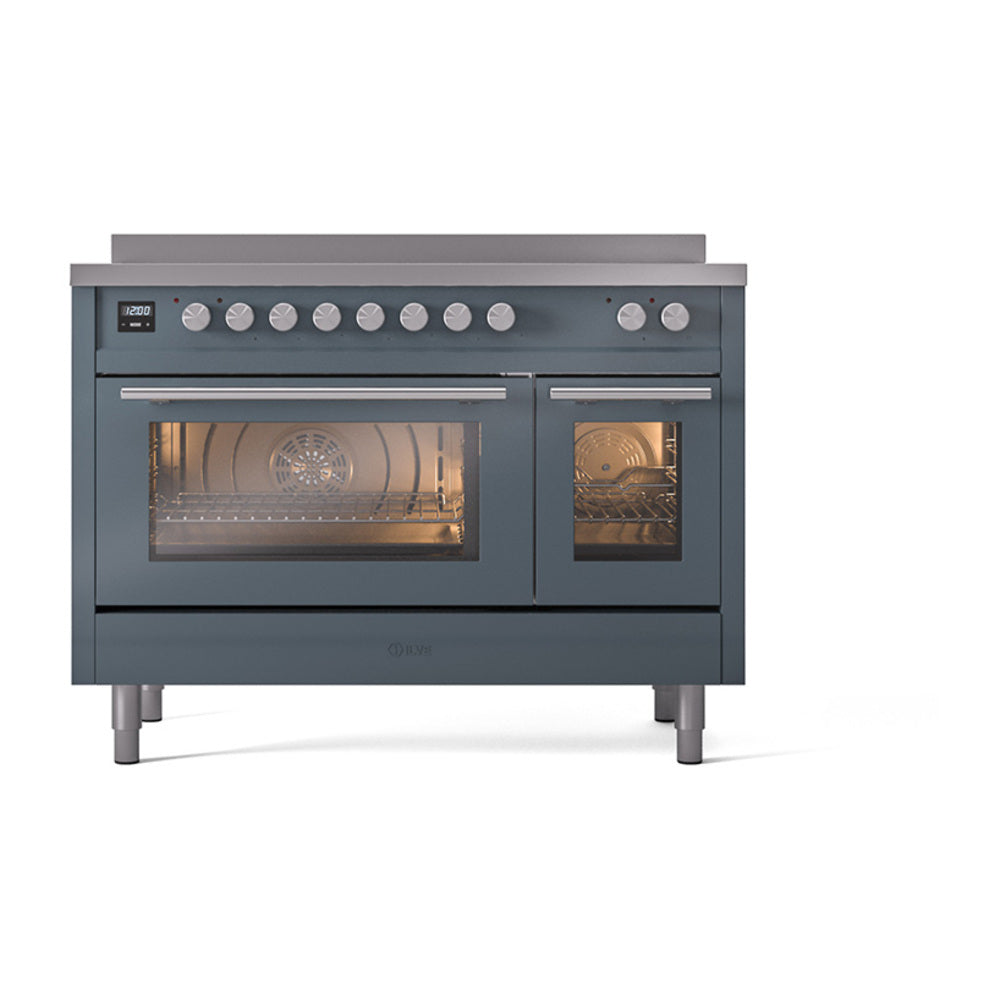 Blue-grey 48-inch induction range with dual oven doors and top control knobs, ILVE