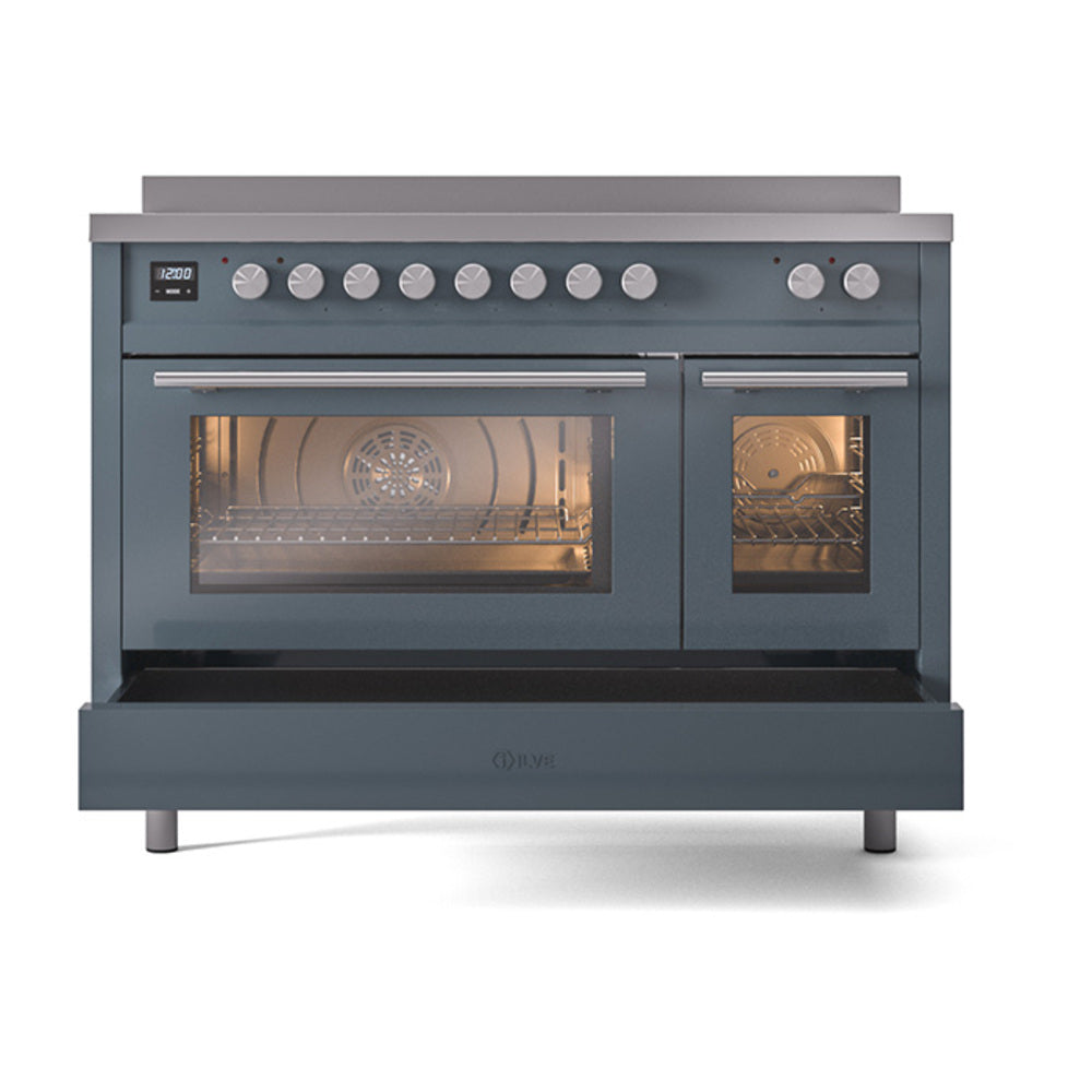 Blue-grey 48-inch induction range front view with dual doors and open oven racks, ILVE