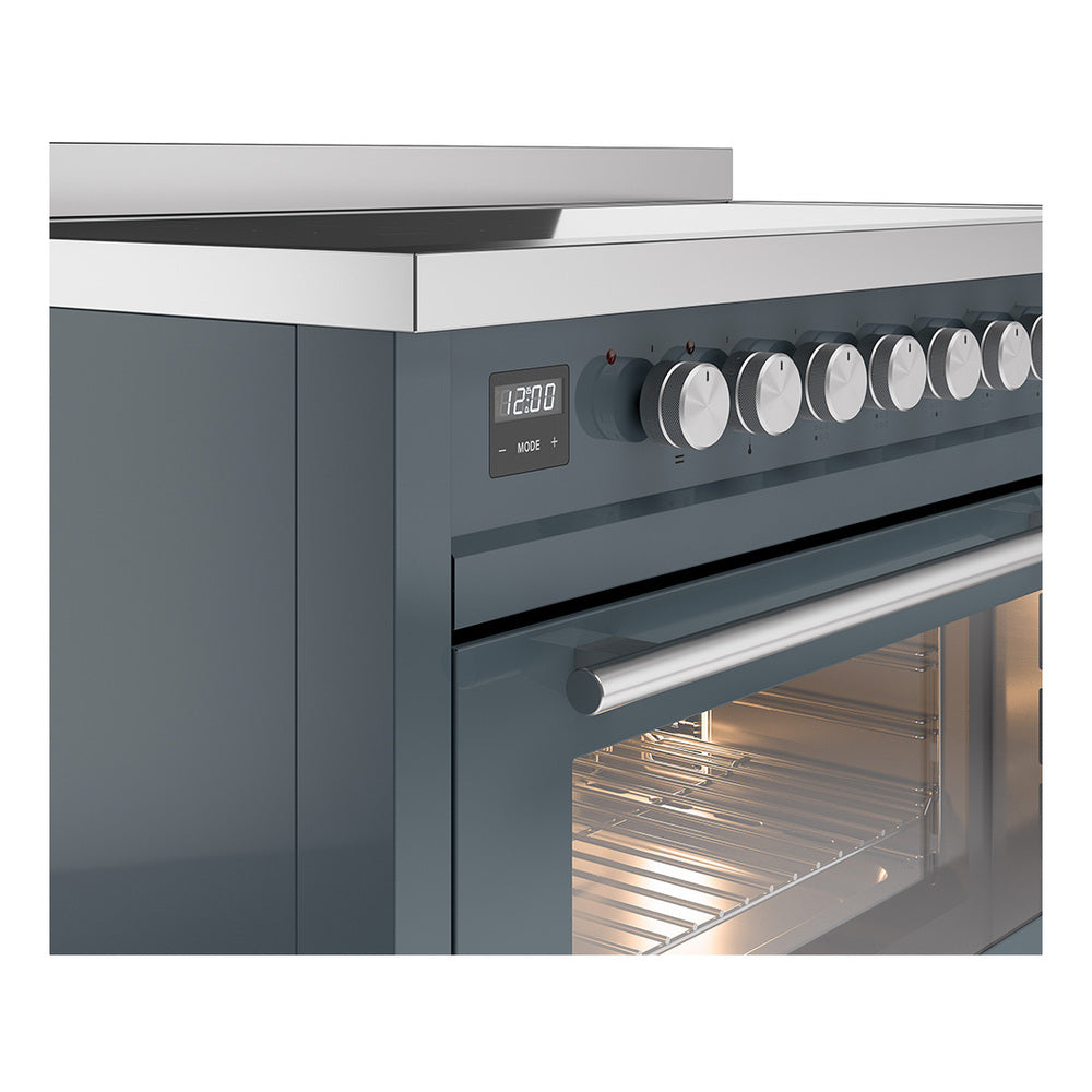 Blue-grey oven control panel with knob dial and digital display above an open oven, ILVE